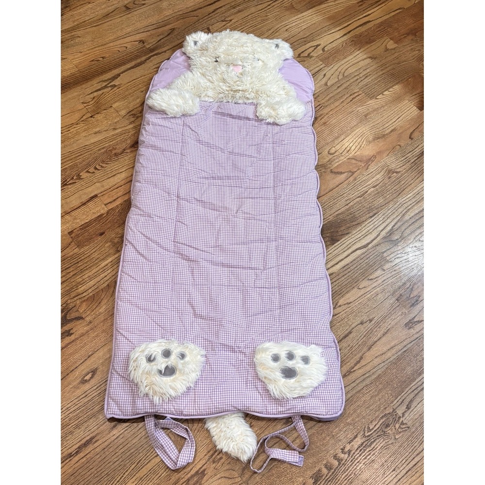 Pottery Barn Kids Shaggy Kitty Sleeping Bag Purple Gingham Plush‎ Cat 71x29